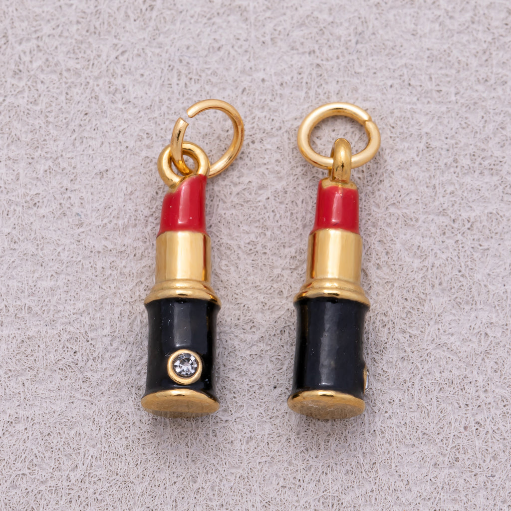 Gold PVD Stainless Steel Clear CZ Red Enamel Lipstick Make Up Charm