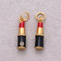 Gold PVD Stainless Steel Clear CZ Red Enamel Lipstick Make Up Charm