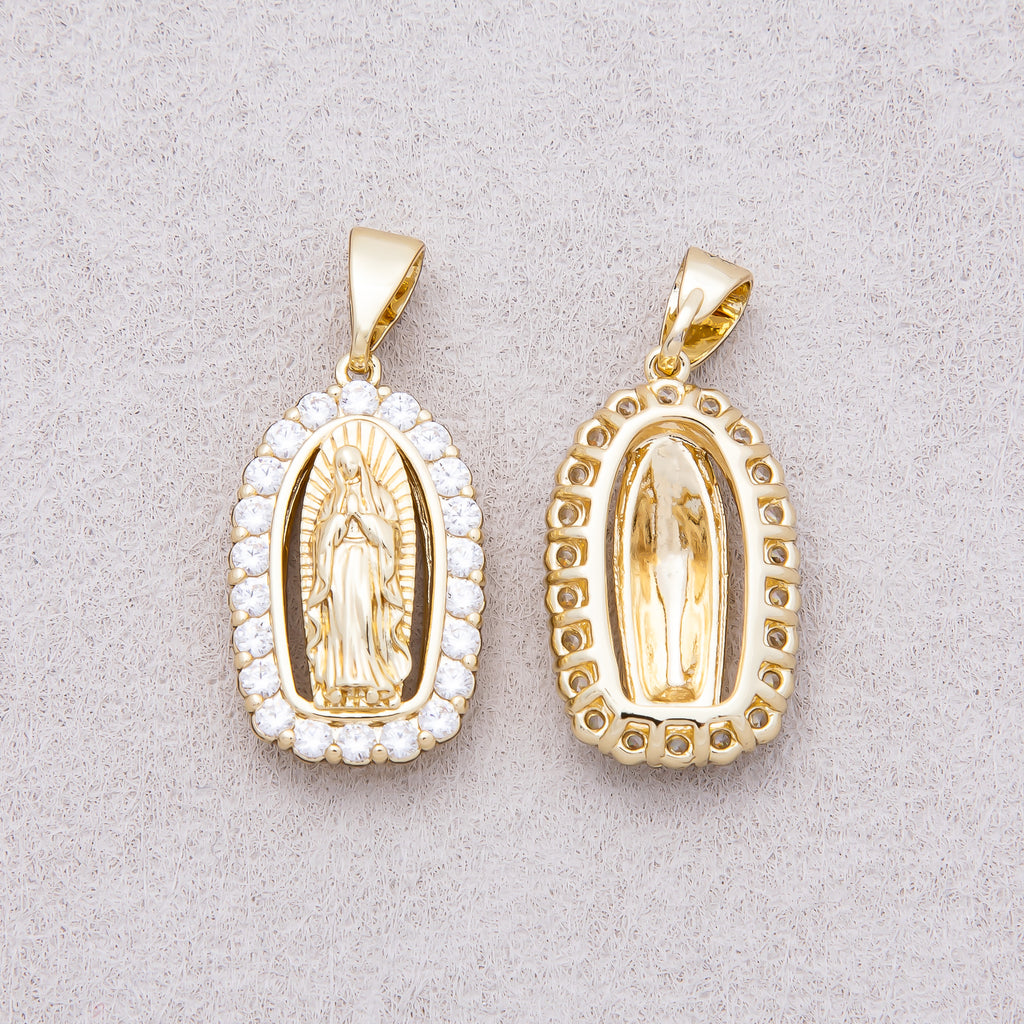 14K Gold Plated Micro Paved CZ Mother Mary Religious Pendant - Sold Each