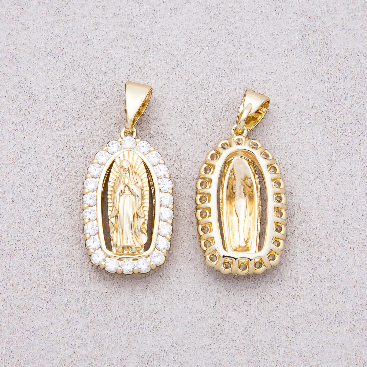 14K Gold Plated Micro Paved CZ Mother Mary Religious Pendant - Sold Each
