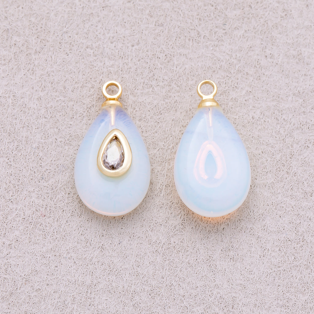 16K Gold Plated Clear CZ Embedded White Opal Gemstone Teardrop Charm - Sold Each