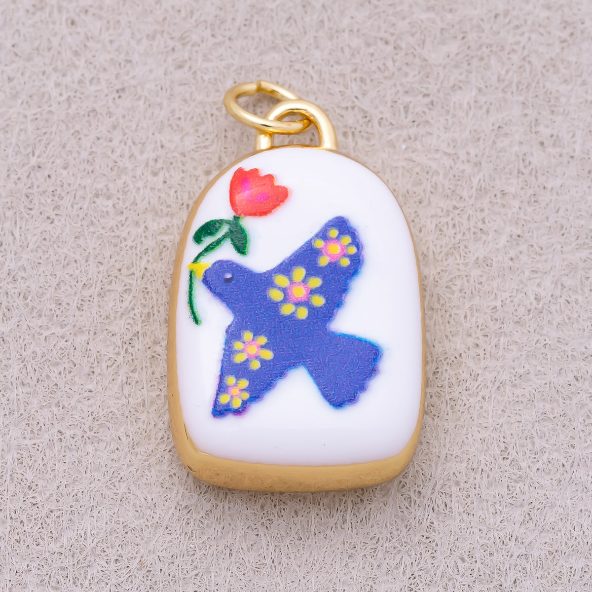 16K Gold Plated Bird Dove of Peace with Flower Plant Enamel Charm - Sold Each