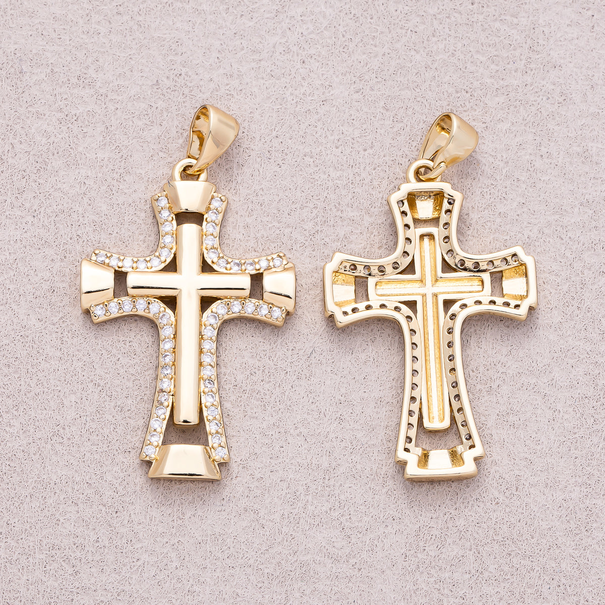 14K Gold Plated Micro Paved CZ Double Open Flared Cross Pendant - Sold Each