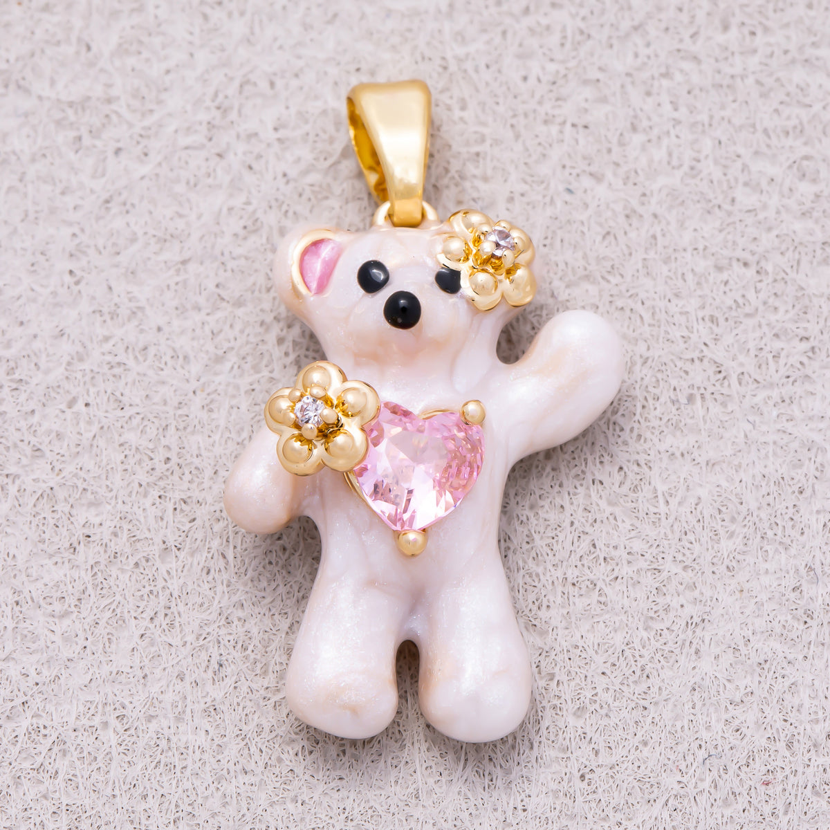 16K Gold Plated Clear CZ Pink Enamel Heart Flower Teddy Bear Pendant - Sold Each