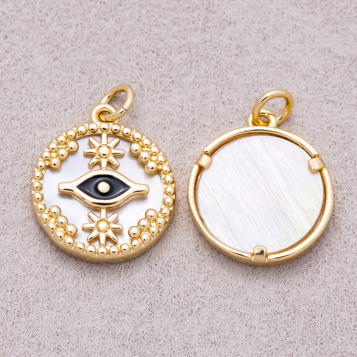 16K Gold Plated Black Evil Eye Star Shell Pearl Round Charm - Sold Each
