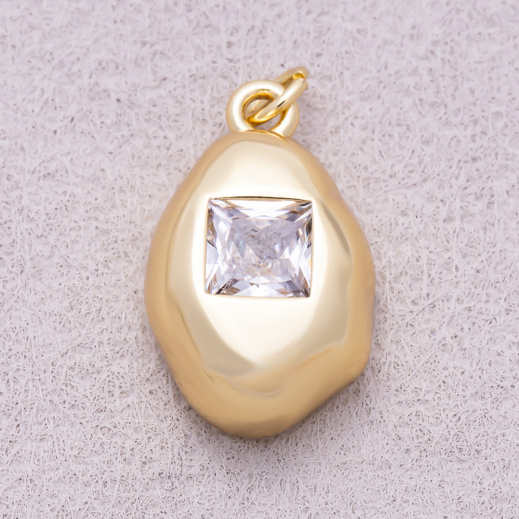 16K Gold Plated Clear Baguette CZ Square Geometric Molten Bezel Chubby Charm - Sold Each