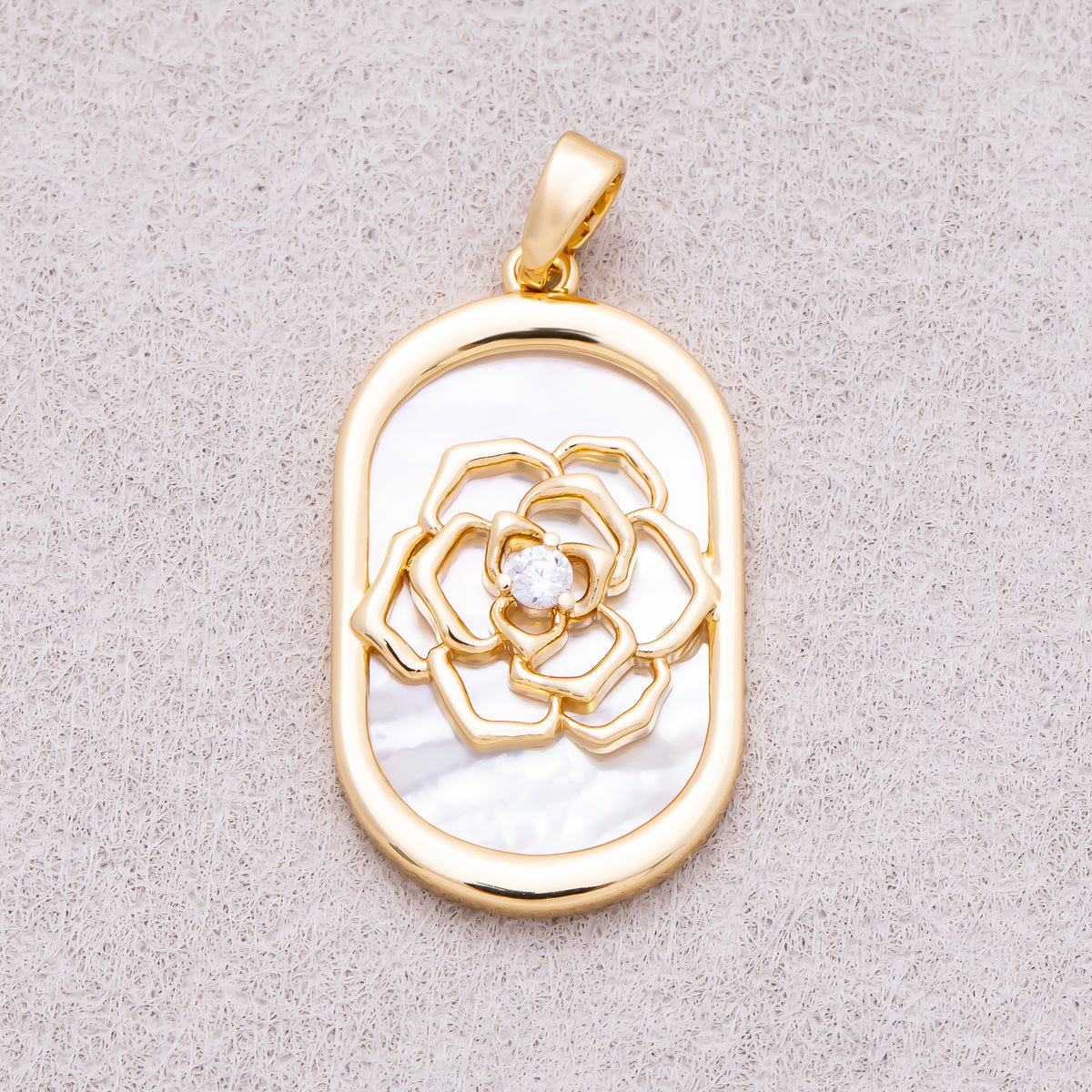 16K Gold Plated Clear CZ Shell Pearl Rose Flower Oblong Oval Bezel Pendant - Sold Each