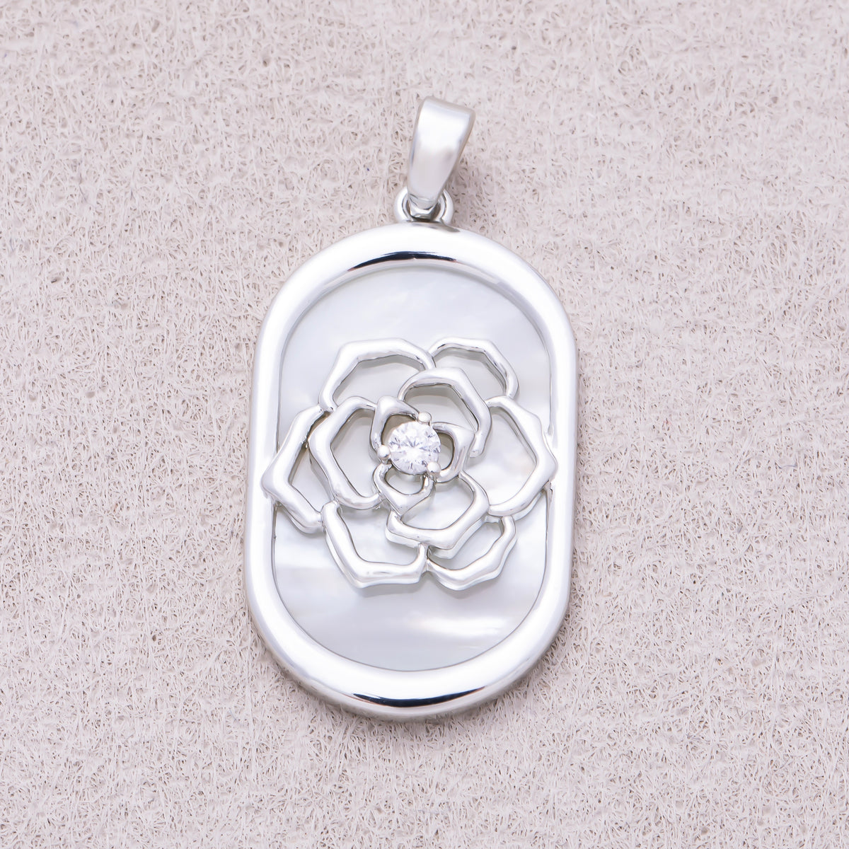 16K Gold Plated Clear CZ Shell Pearl Rose Flower Oblong Oval Bezel Pendant - Sold Each