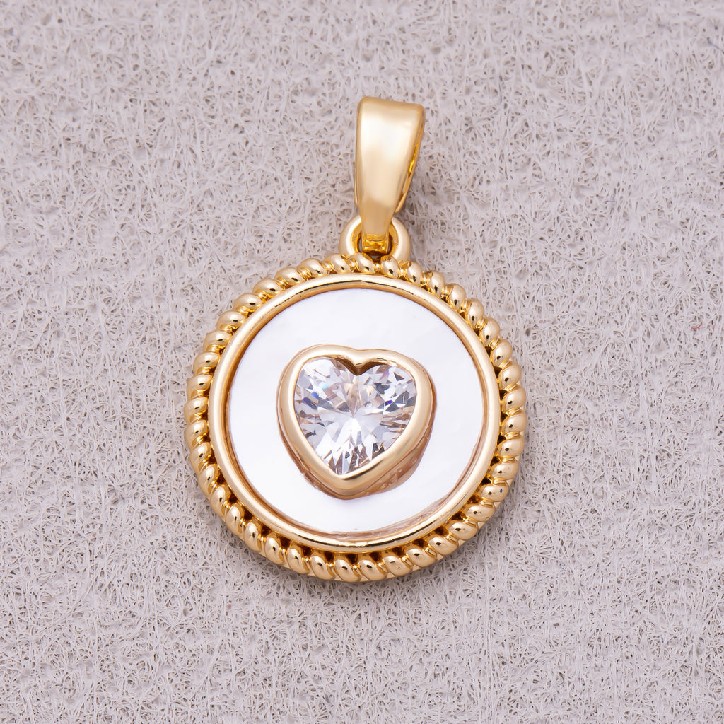 16K Gold Plated Clear CZ Heart Shell Pearl Croissant Bezel Round Pendant - Sold Each