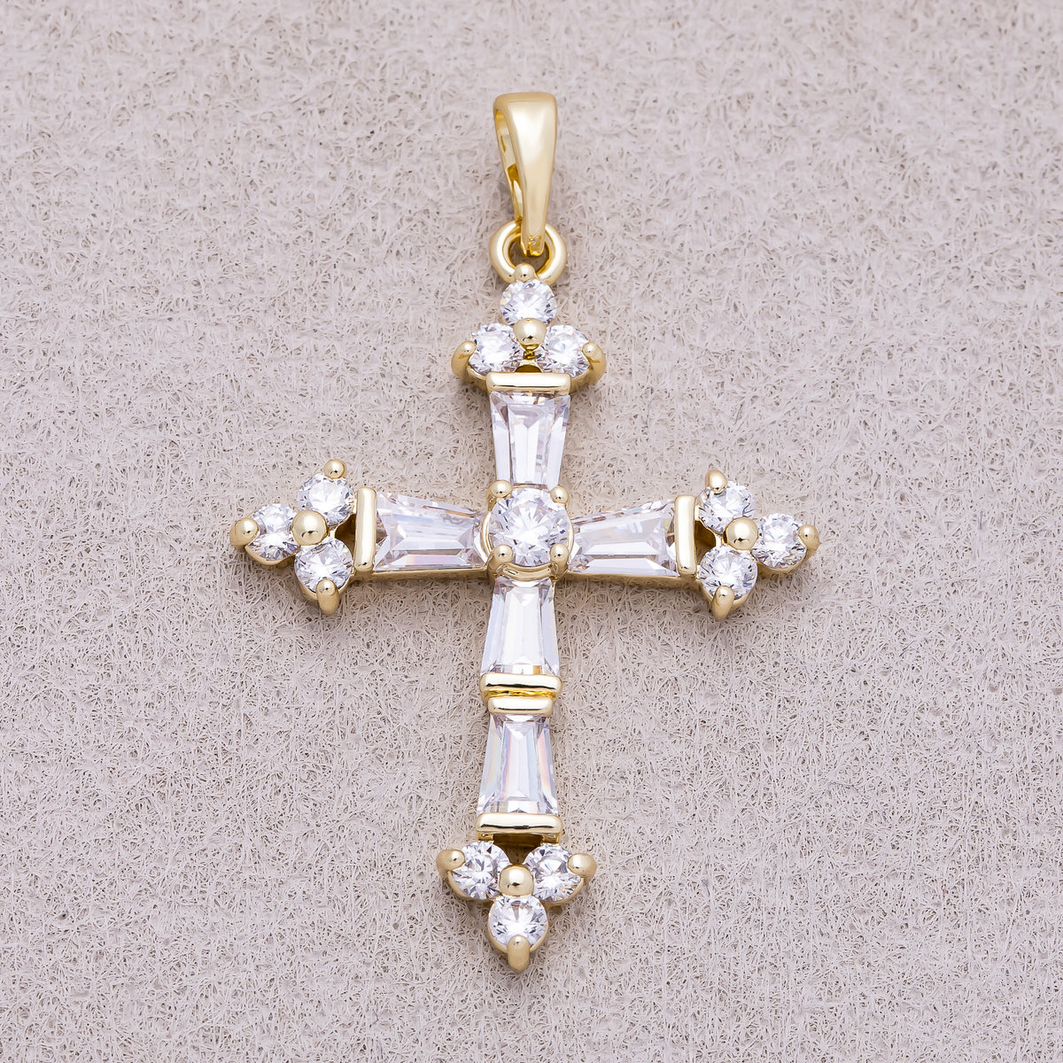 16K Gold Plated Clear CZ Baguette Micro Paved Religious Cross Pendant