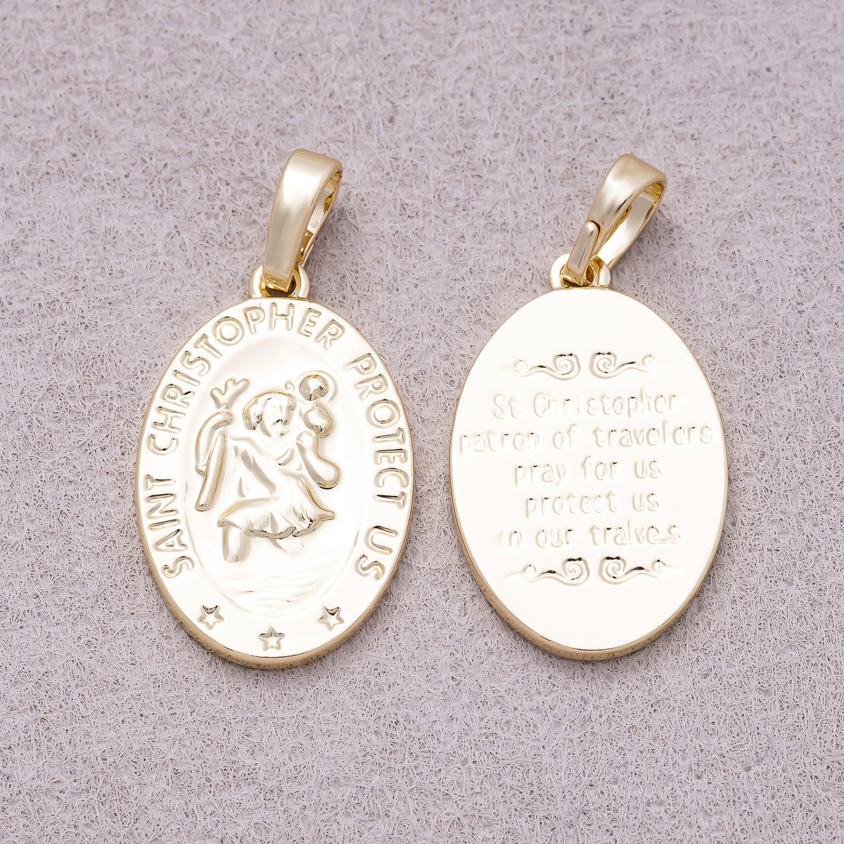 16K Gold Plated "Saint Christopher Save Us" Religious Prayer Oval Pendant - Sold Each