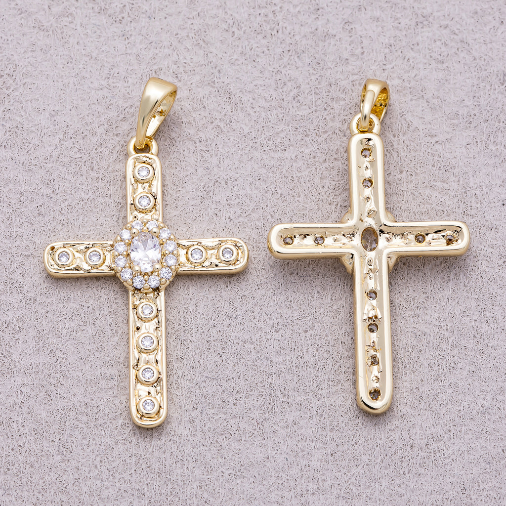 16K Gold Plated Clear CZ Micro Paved Dotted Hammered Religious Cross Pendant - Sold Each