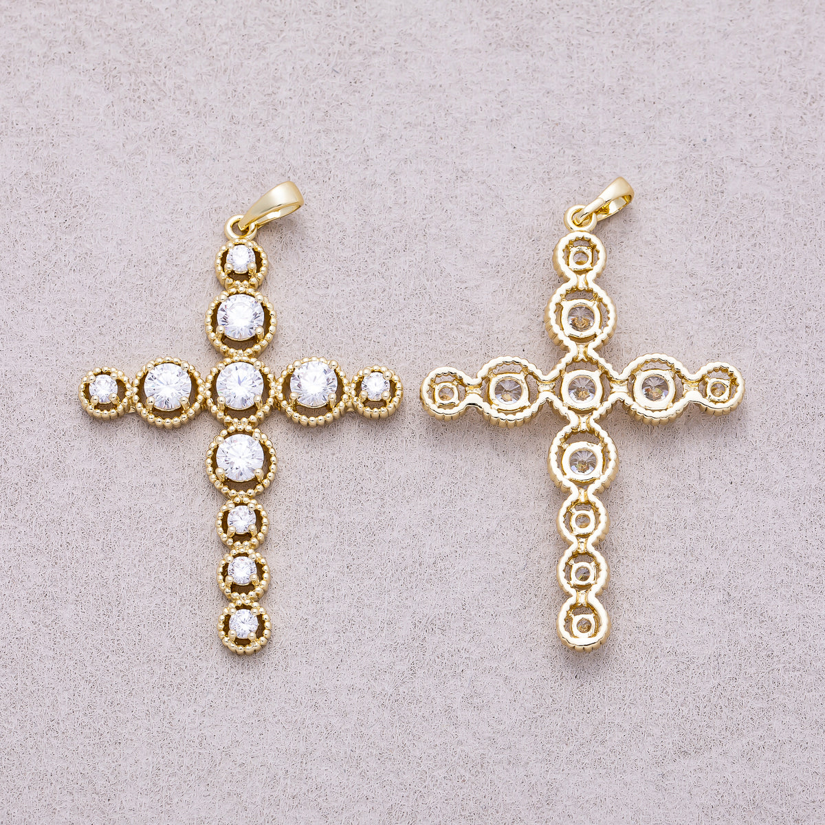 16K Gold Plated Clear CZ Round Religious Cross Pendant - Sold Each