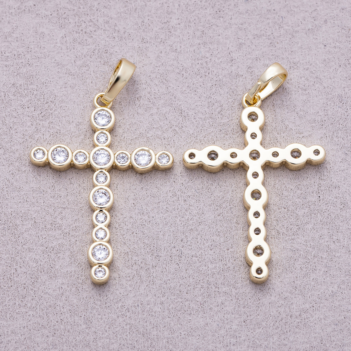 16K Gold Plated Clear CZ Round Bezel Cross Religious Pendant - Sold Each