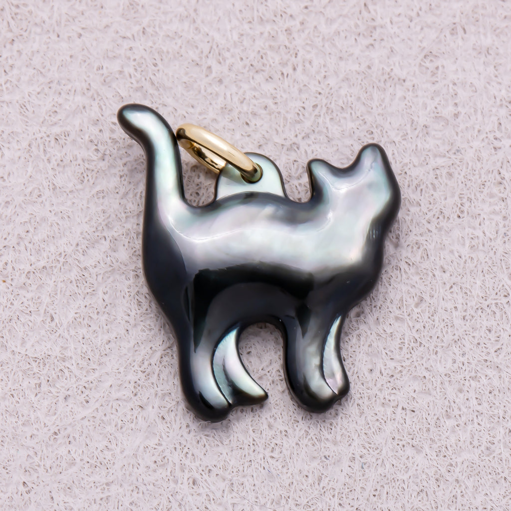 18K Gold Plated Black, White Shell Pearl Cat Kitten Pet Animal Charm - Sold Each