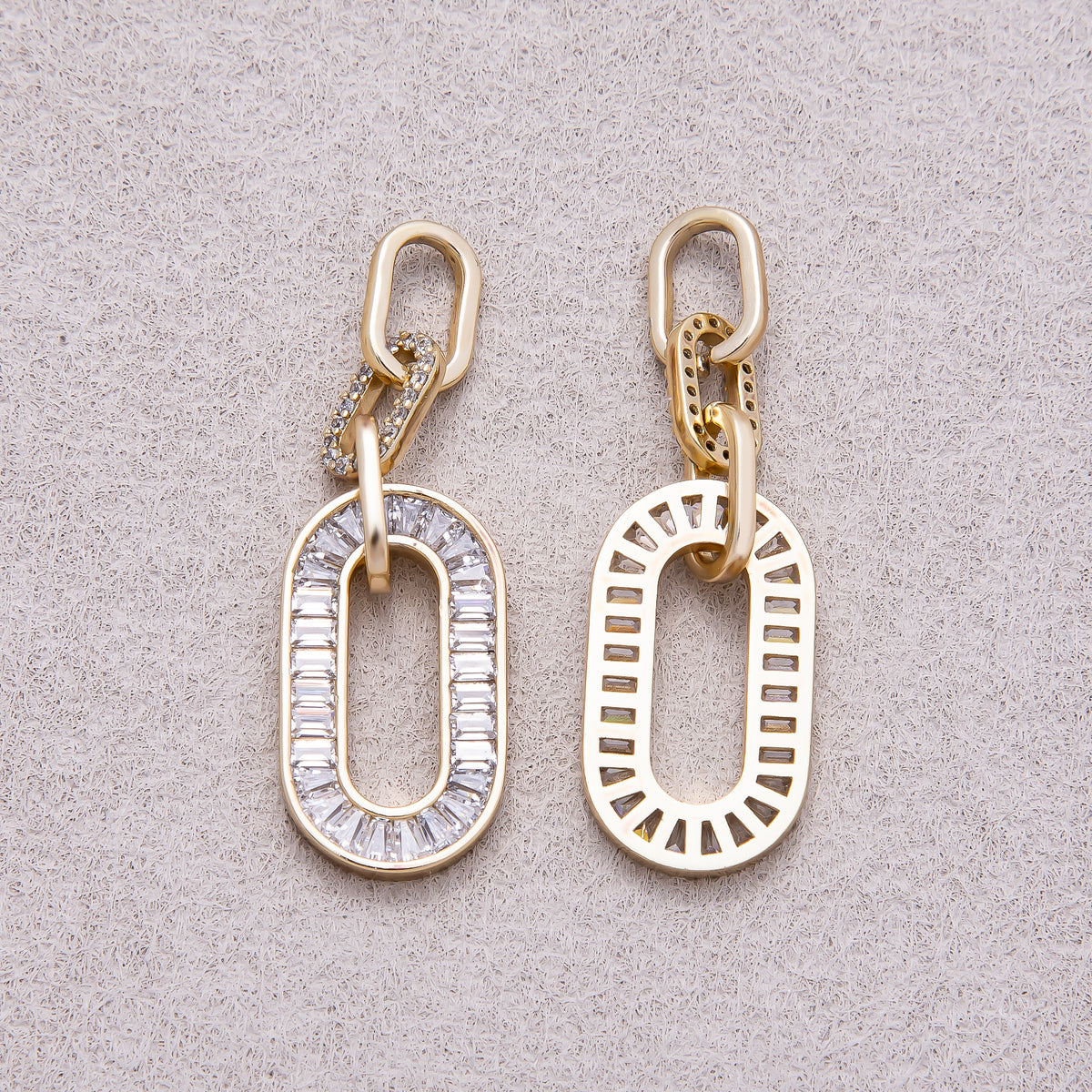 14K Gold Plated Clear Baguette Micro Paved CZ Oblong Oval Paperclip Link Pendant - Sold Each