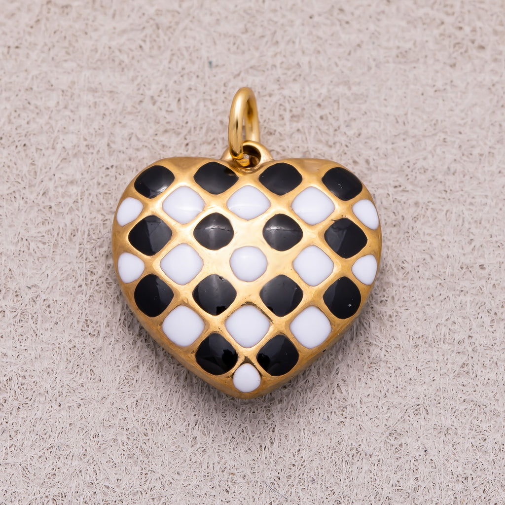 Gold PVD Stainless Steel Black and White Enamel Checkerboard Puffy Heart Charm