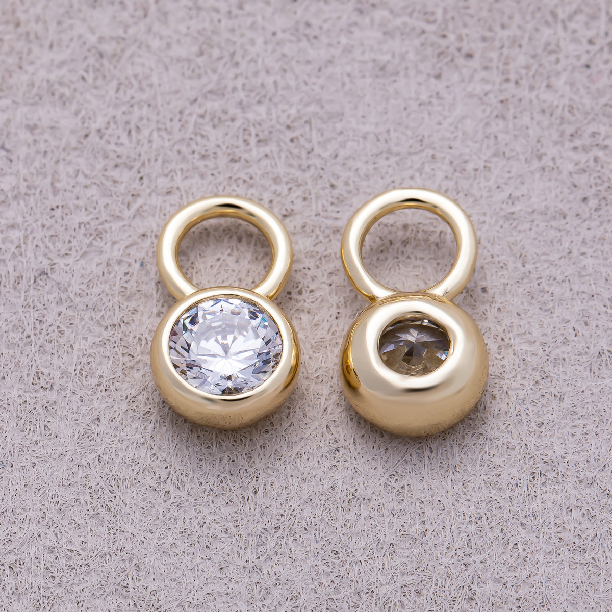 16K Gold Plated Clear CZ Round Bezel Drop Earring Charm - Sold Each