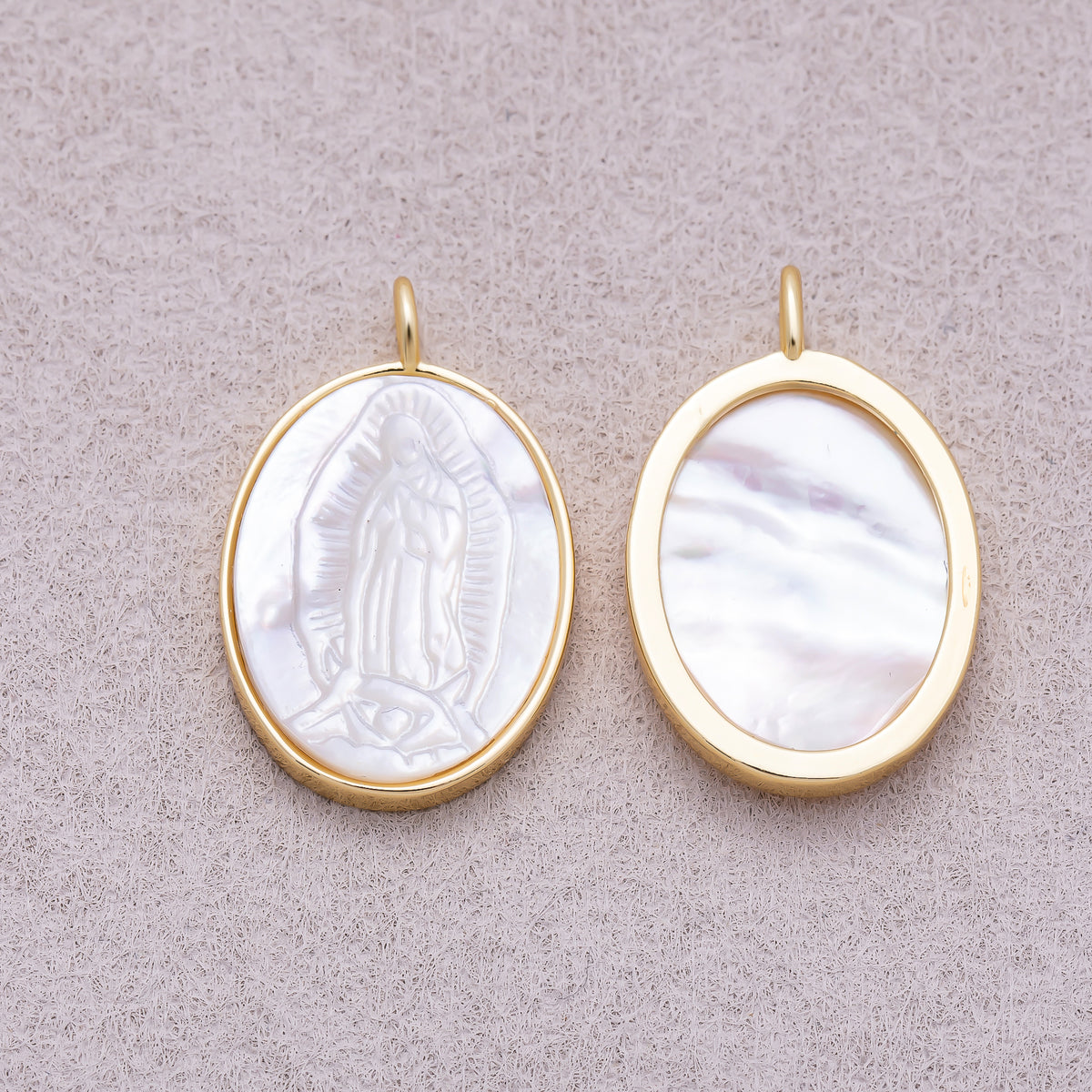 16K Gold Plated Carved White Mother of Pearl Virgin Mary Oval Cameo Pendant - Sold Each