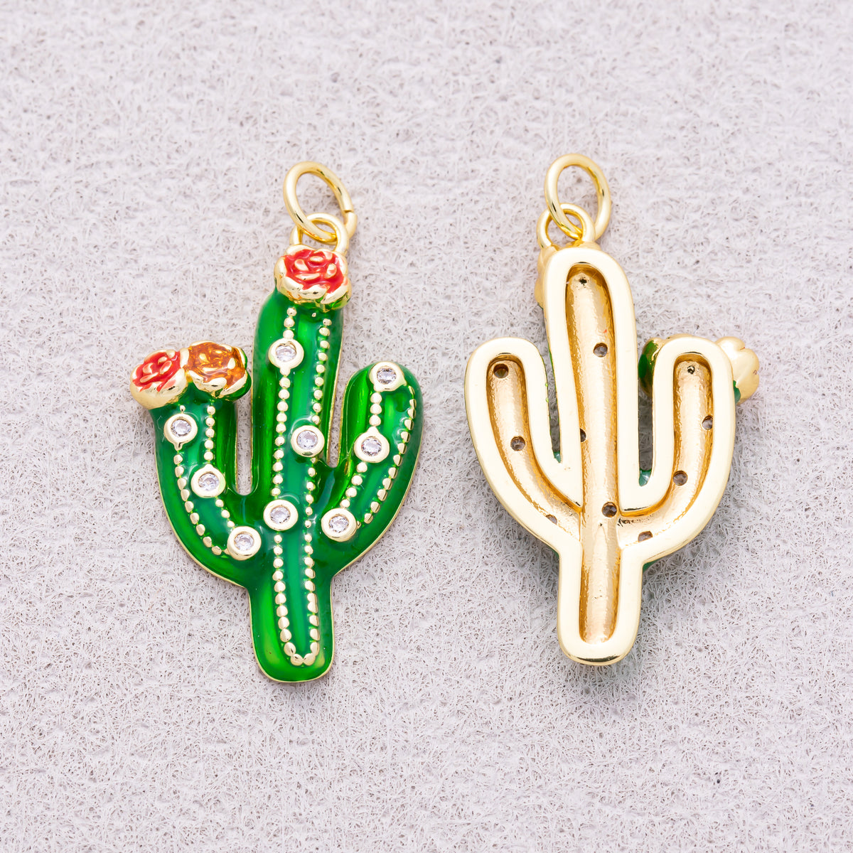 16K Gold Plated Clear CZ Plant Cactus Enamel Charm - Sold Each