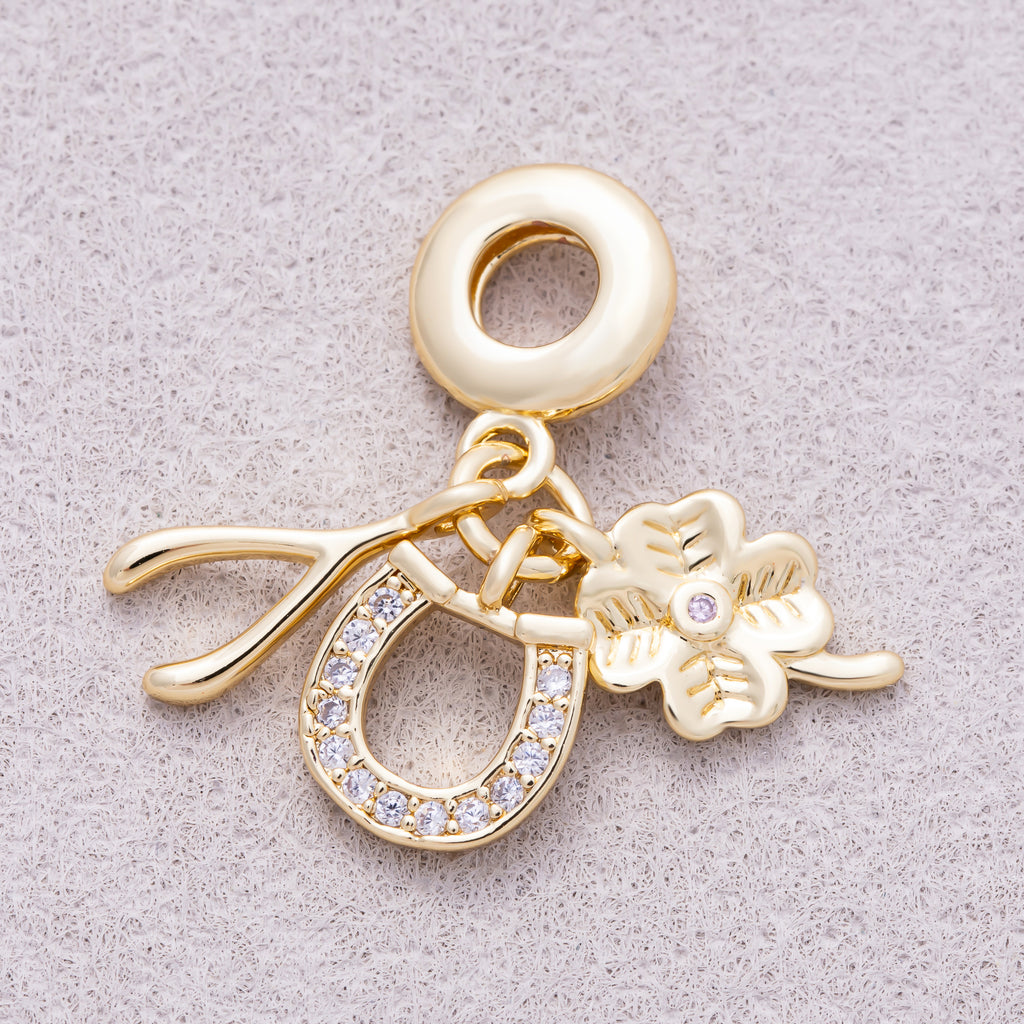 16K Gold Plated Clear CZ Horseshoe, Clover, Wishbone Triple Lucky Dangle Charm - Sold Each