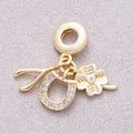 16K Gold Plated Clear CZ Horseshoe, Clover, Wishbone Triple Lucky Dangle Charm - Sold Each