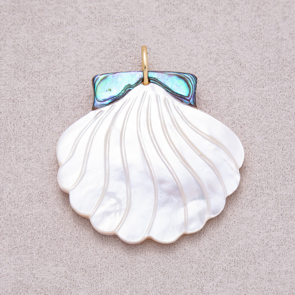 16K Gold Plated Carved White Mother of Pearl & Abalone Shell Scallop Charm - Sold Each