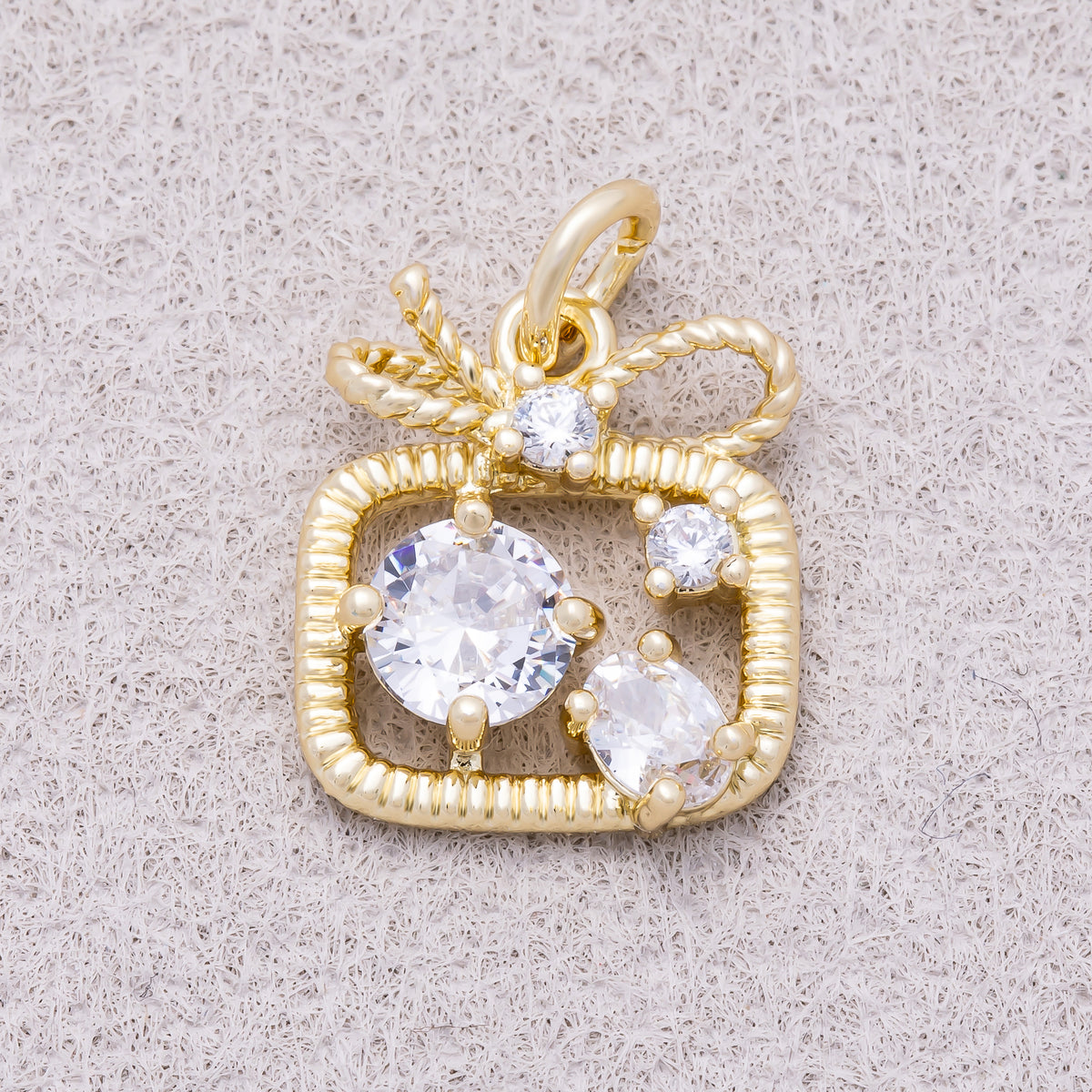 16K Gold Plated Clear CZ Ribbed Gift Box Ribbon Bow Charm - Sold Each