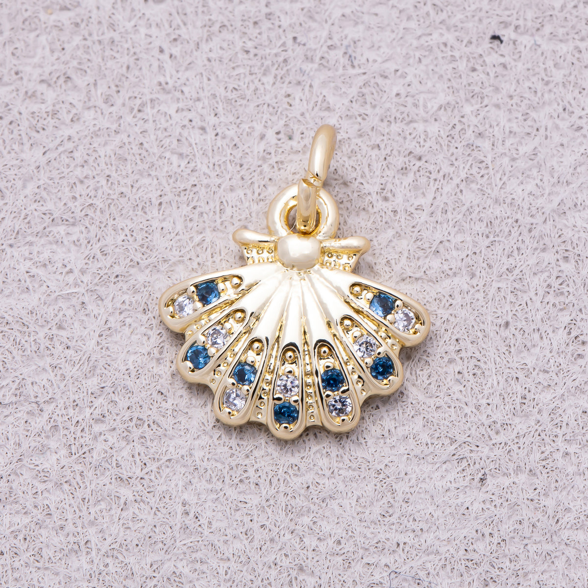 16K Gold Plated Blue and Clear CZ Fan-Shaped Peacock Tail Charm - Sold Each