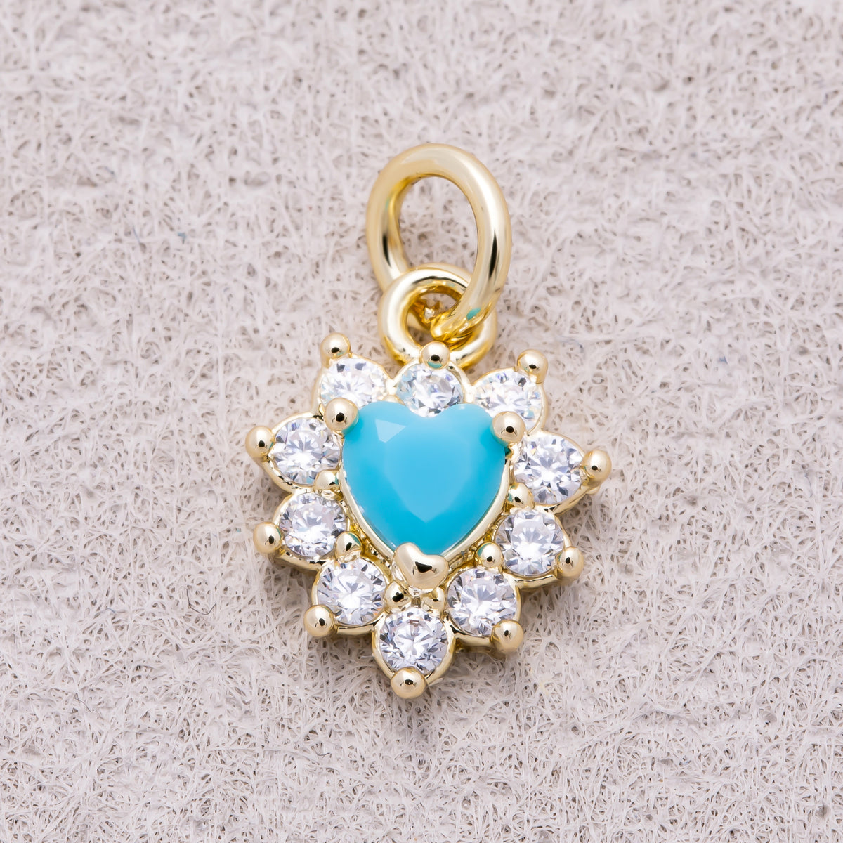 16K Gold Plated Clear CZ Starburst Turquoise Heart Charm - Sold Each
