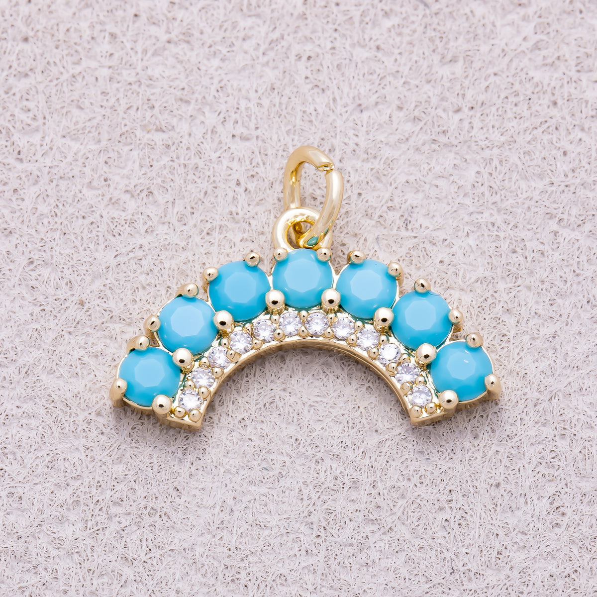 16K Gold Plated Clear and Turquoise Micro Paved CZ Curved Arch Rainbow Charm - Sold Each