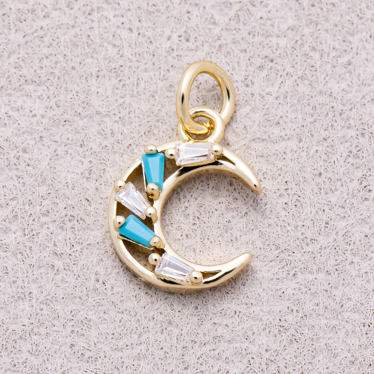 16K Gold Plated Turquoise & Clear CZ Celestial Crescent Moon Charm - Sold Each