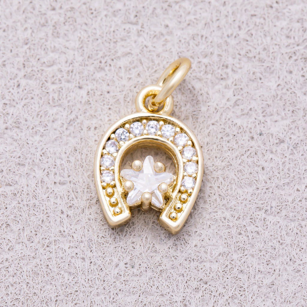 16K Gold Plated Clear Star CZ Lucky Horseshoe Charm - Sold Each