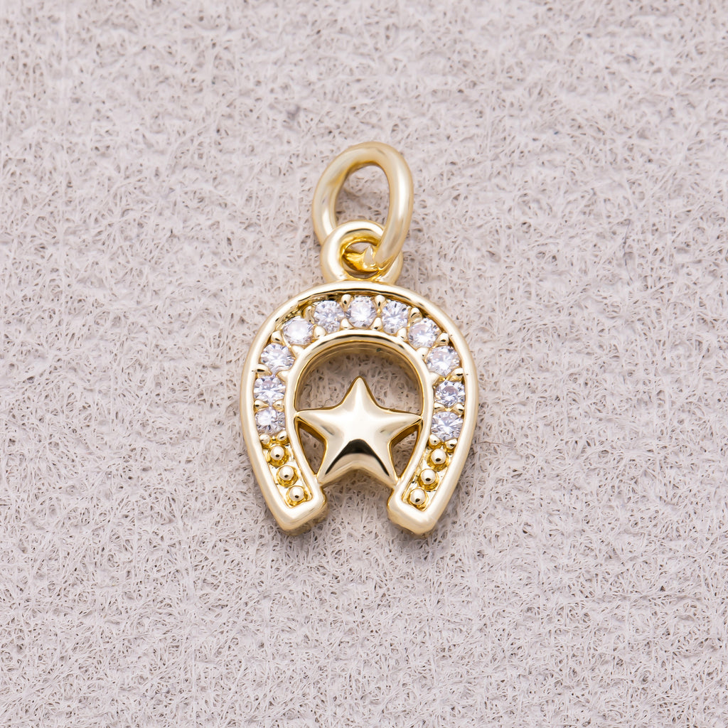 16K Gold Plated Micro Paved CZ Plain Star Lucky Horseshoe Charm - Sold Each