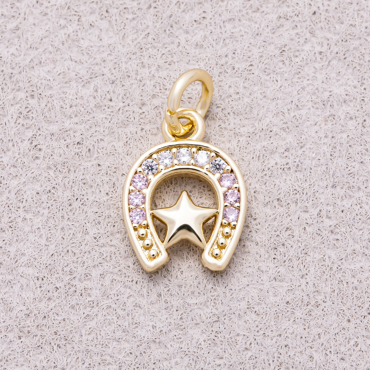 16K Gold Plated Micro Paved CZ Plain Star Lucky Horseshoe Charm - Sold Each