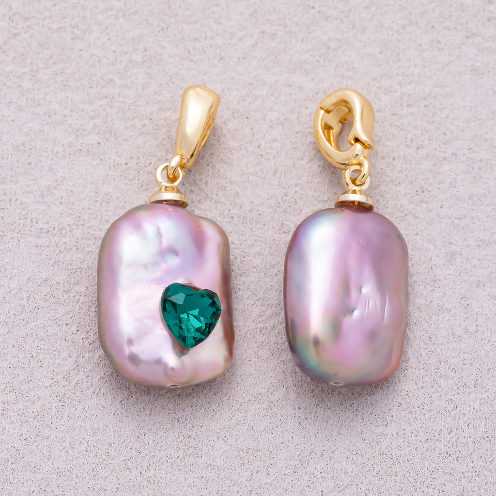 16K Gold Plated Green Heart CZ Natural Purple Baroque Freshwater Pearl Charm - Sold Each