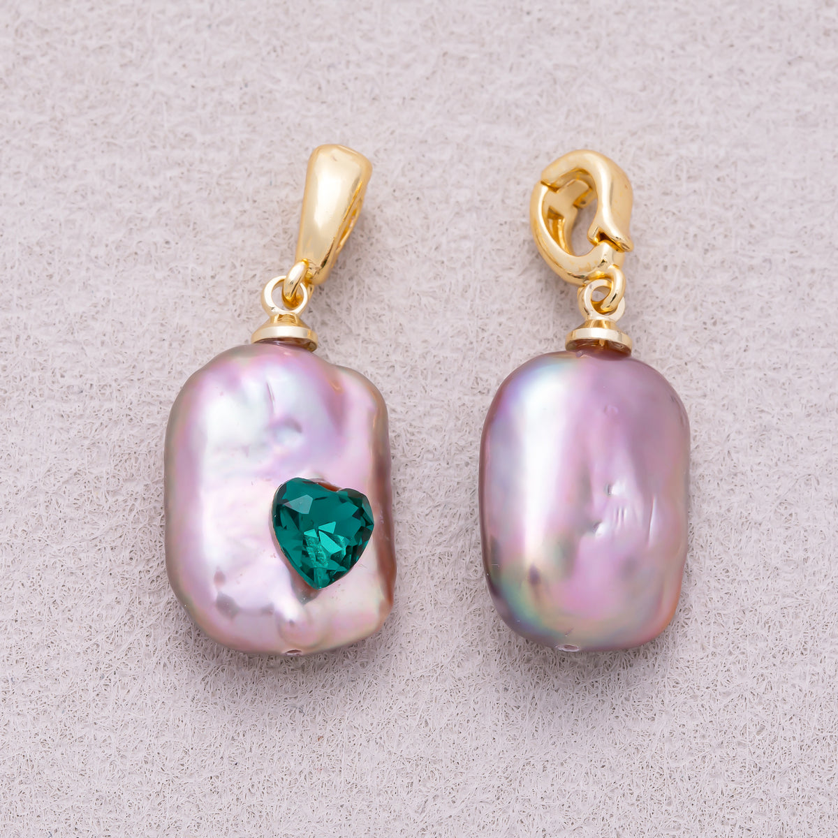 16K Gold Plated Green Heart CZ Natural Purple Baroque Freshwater Pearl Charm - Sold Each
