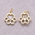 16K Gold Plated Heart CZ Filigree Paw Print Charm - Sold Each