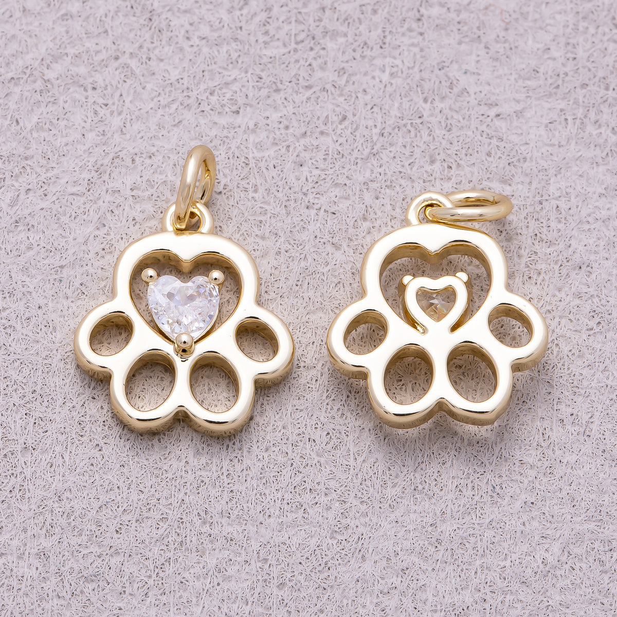 16K Gold Plated Heart CZ Filigree Paw Print Charm - Sold Each