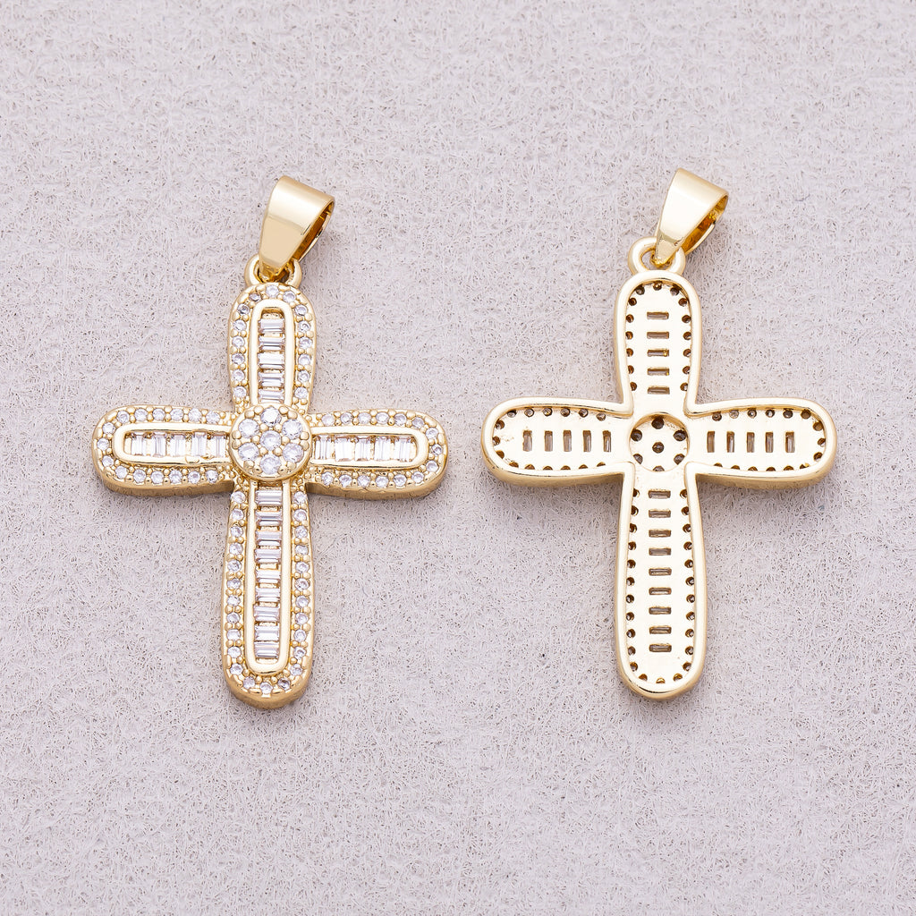 16K Gold Plated Baguette & Round Micro Paved CZ Cross Religious Pendant - Sold Each