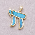 16K Gold Plated Turquoise, White Quartz Natural Gemstone Beaded Edge Chai Symbol Religious Pendant - Sold Each