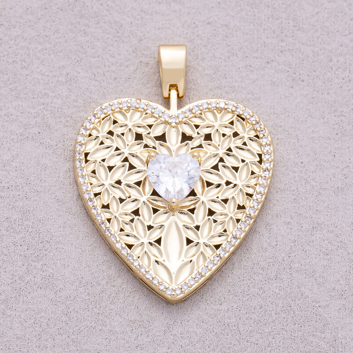 16K Gold Plated Heart CZ Filigree Flower Openwork Heart Pendant - Sold Each