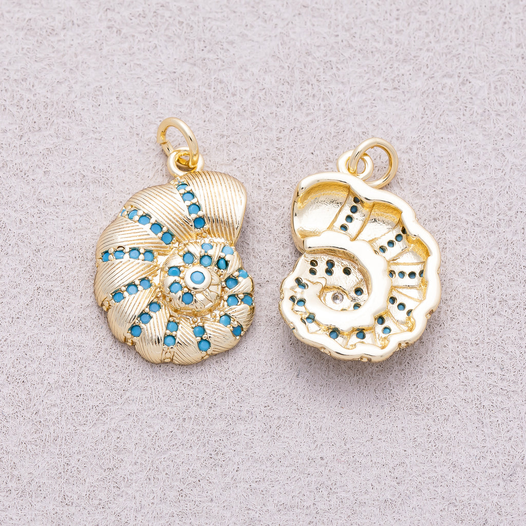 16K Gold Plated Turquoise CZ Textured Nautilus Seashell Ocean Charm - Sold Each