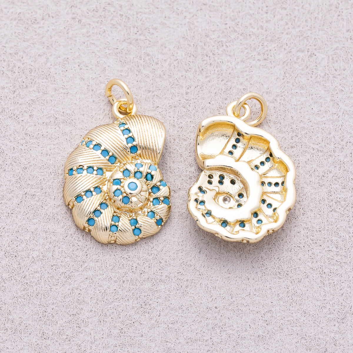 16K Gold Plated Turquoise CZ Textured Nautilus Seashell Ocean Charm - Sold Each