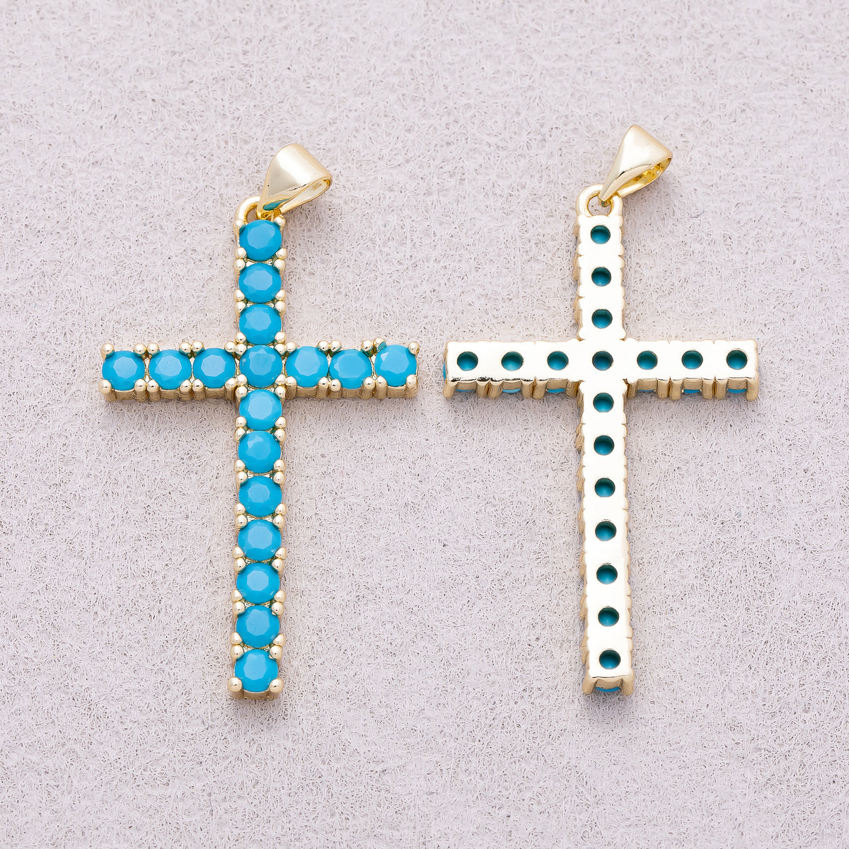 16K Gold Plated Turquoise Micro Paved Cross Religious Pendant - Sold Each
