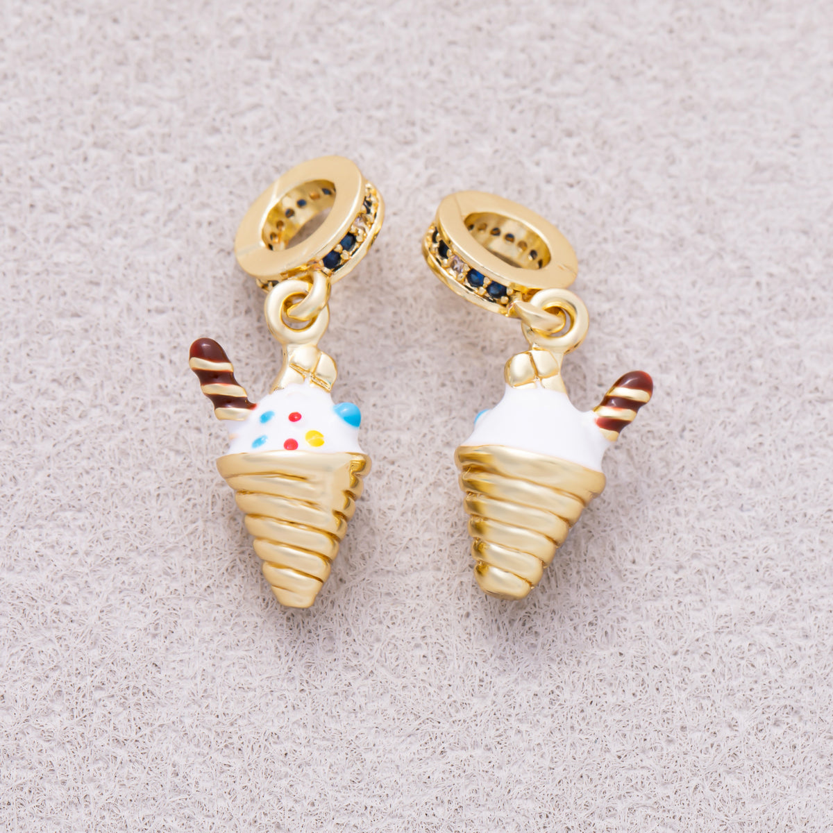 16K Gold Plated Micro Paved CZ Slider Colorful Enamel Ice Cream Cone Pendant - Sold Each