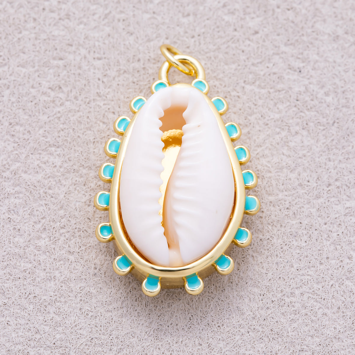 16K Gold Plated Turquoise Enamel Natural Cowrie Shell Scalloped Ocean Pendant - Sold Each