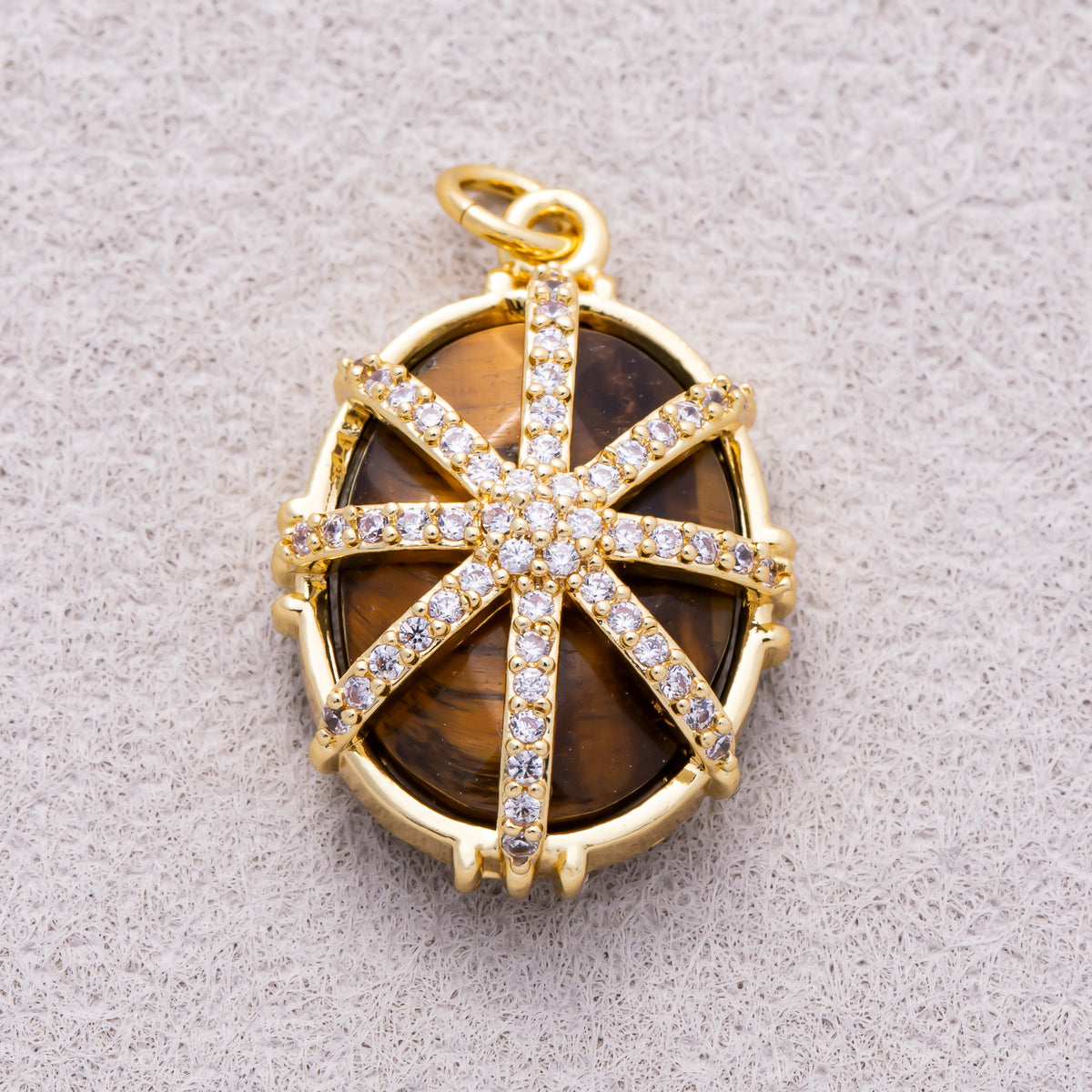 16K Gold Plated Micro Paved CZ Oval Natural Gemstone Starburst Overlay Pendant - Sold Each