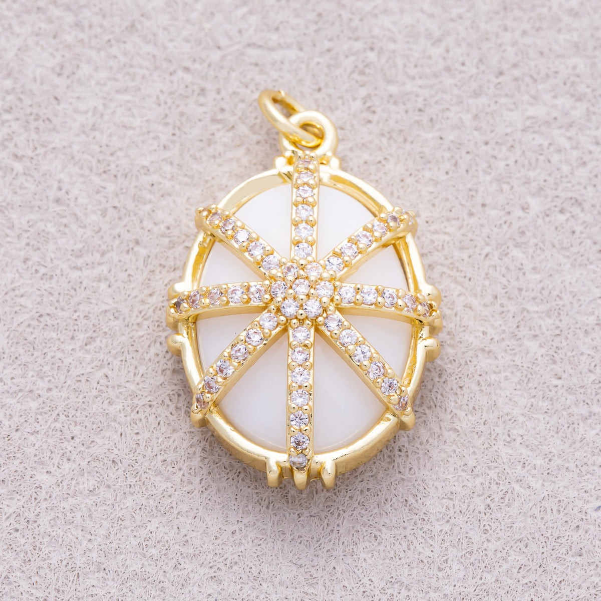16K Gold Plated Micro Paved CZ Oval Natural Gemstone Starburst Overlay Pendant - Sold Each