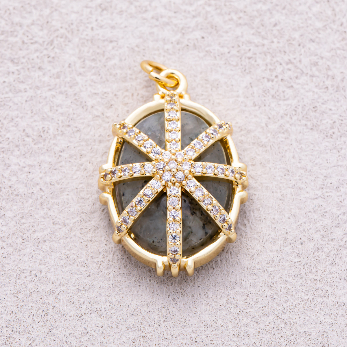 16K Gold Plated Micro Paved CZ Oval Natural Gemstone Starburst Overlay Pendant - Sold Each